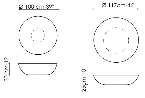 Diagramas de las mesas de centro Planet y Big Planet de Bonaldo. Existe una versión con luz.