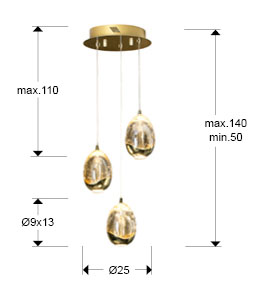 Medidas Lampara Diámetro 25 Rocio 3led Oro
