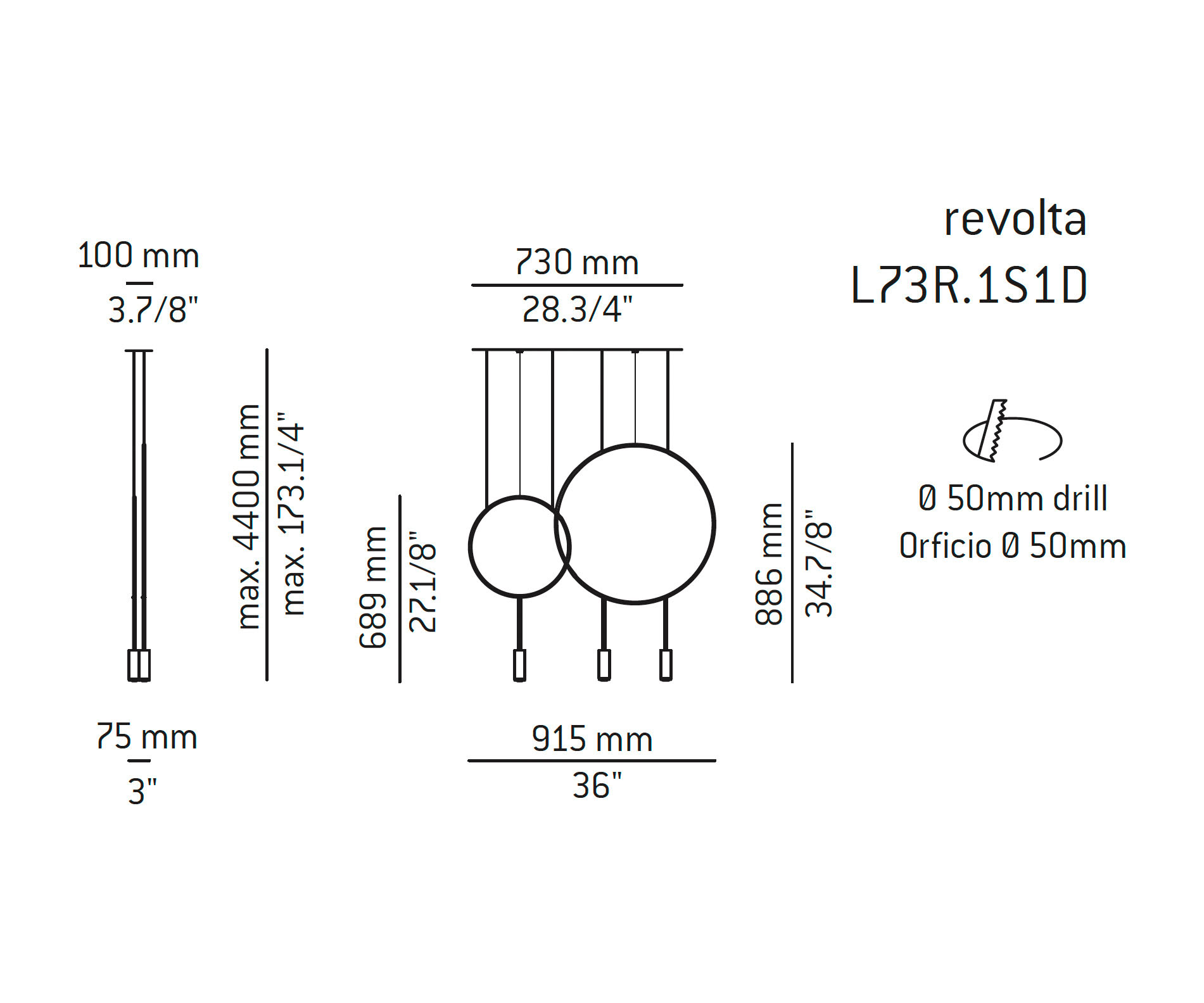 Medidas Revolta modelo L73R.1S1D de suspensión de Estiluz