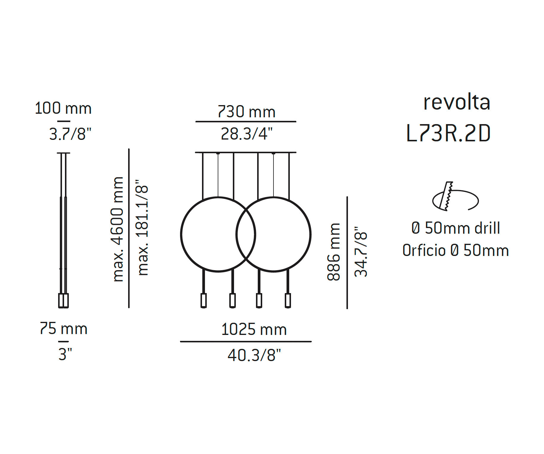 Medidas Revolta modelo L73R.2D de suspensión de Estiluz