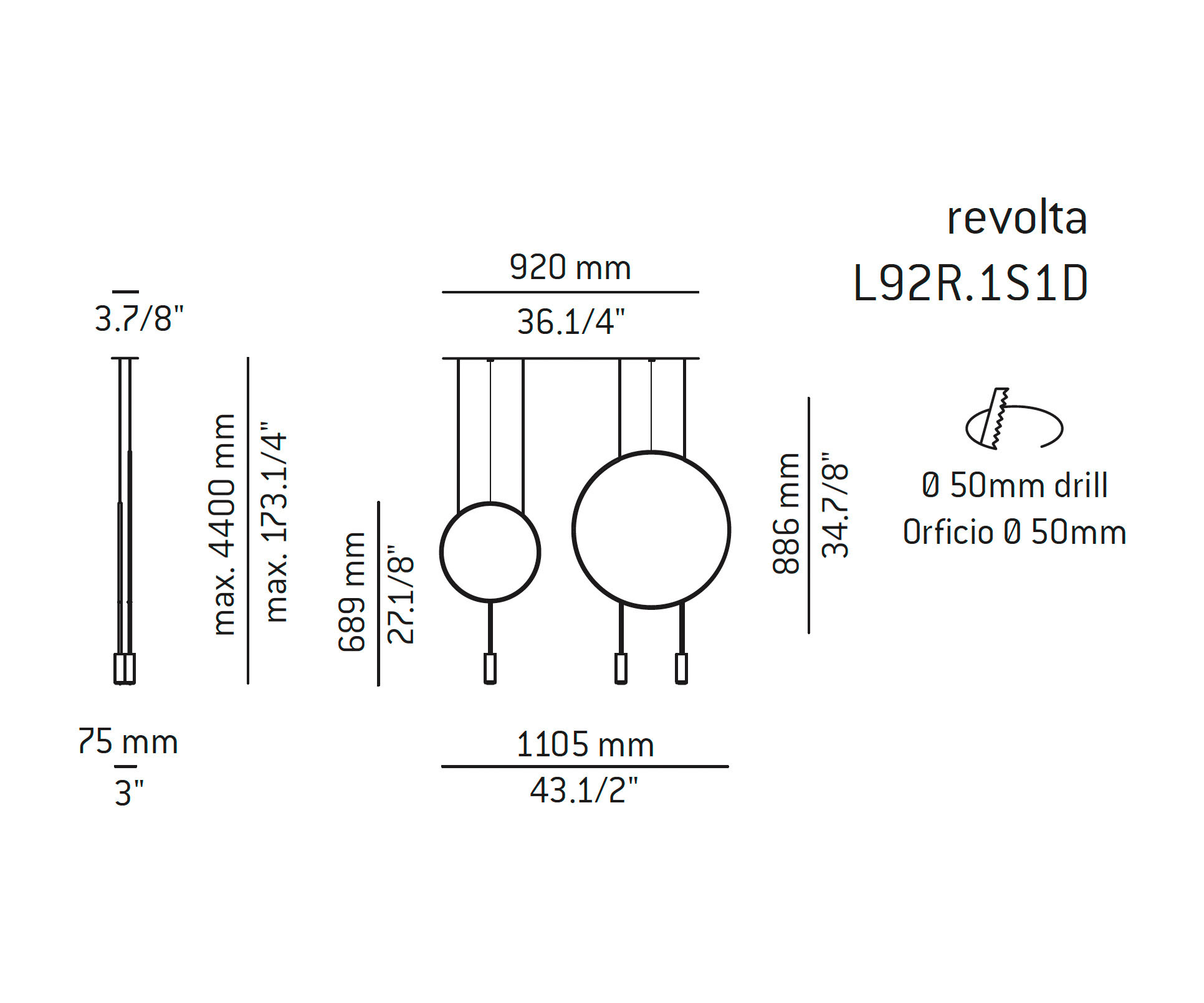Medidas Revolta modelo L92R.1S1D de suspensión de Estiluz