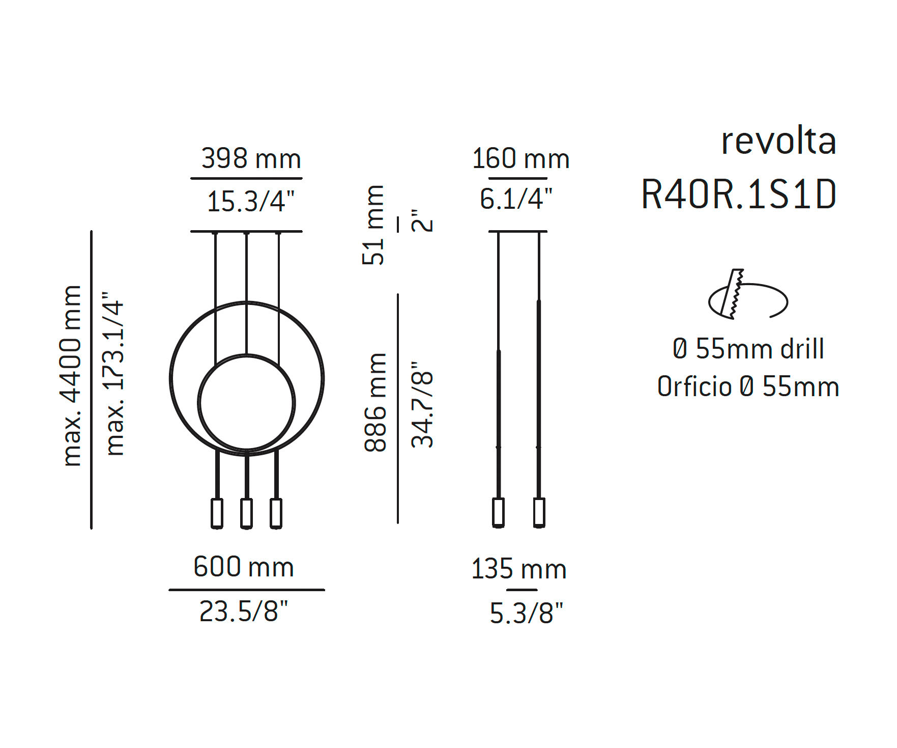 Medidas Revolta modelo R40R.1S1D de suspensión de Estiluz