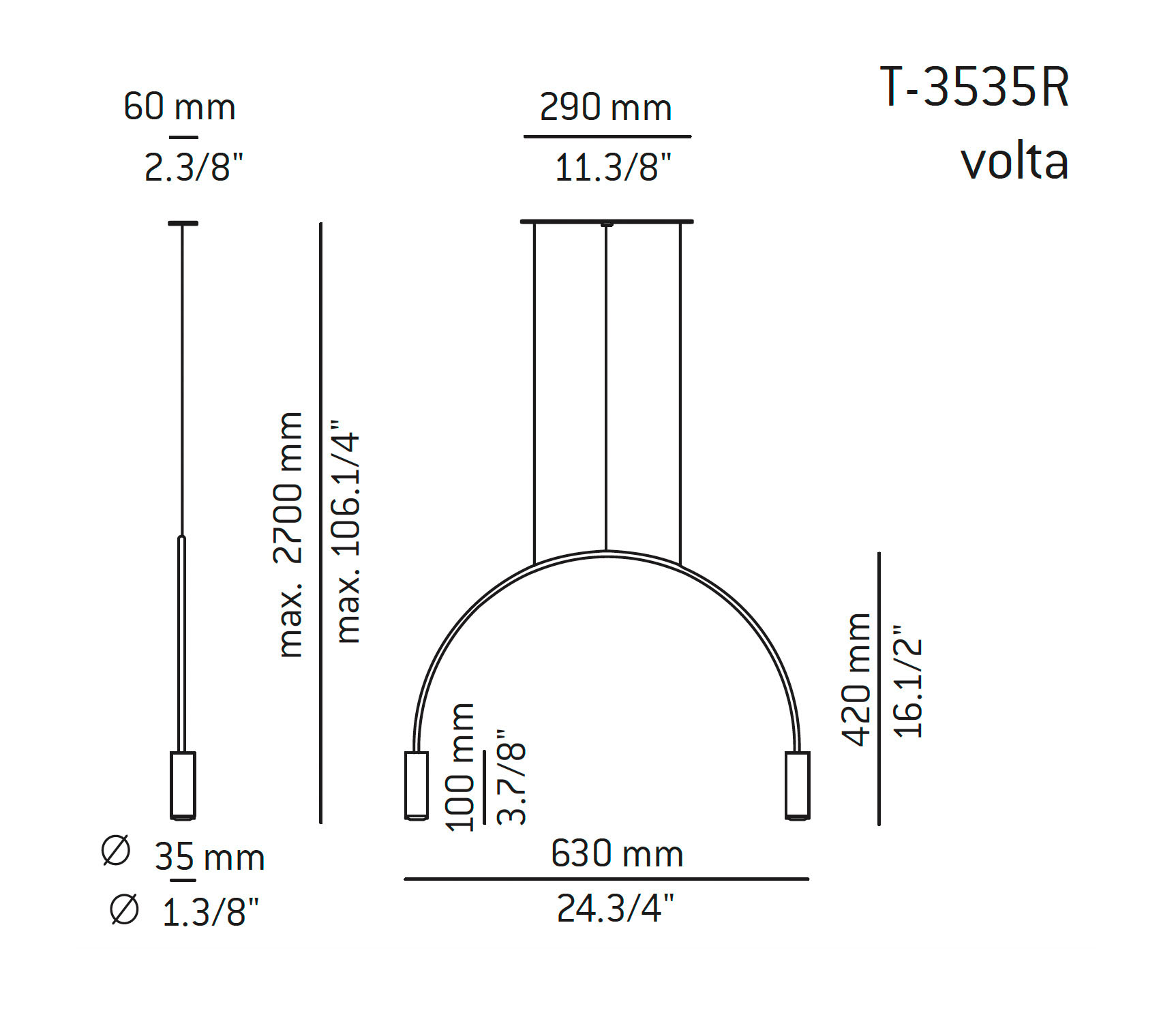 Medidas Volta modelo T-3535R de suspensión de Estiluz