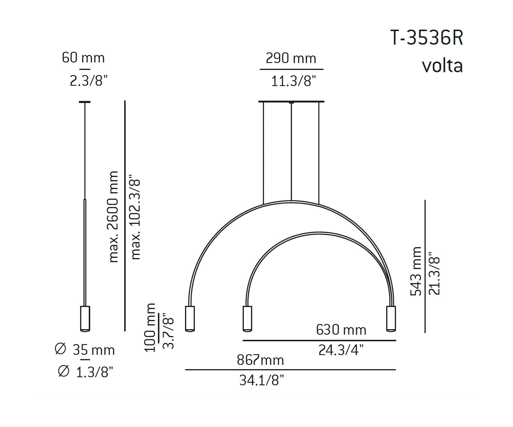 Medidas Volta modelo T-3536R de suspensión de Estiluz