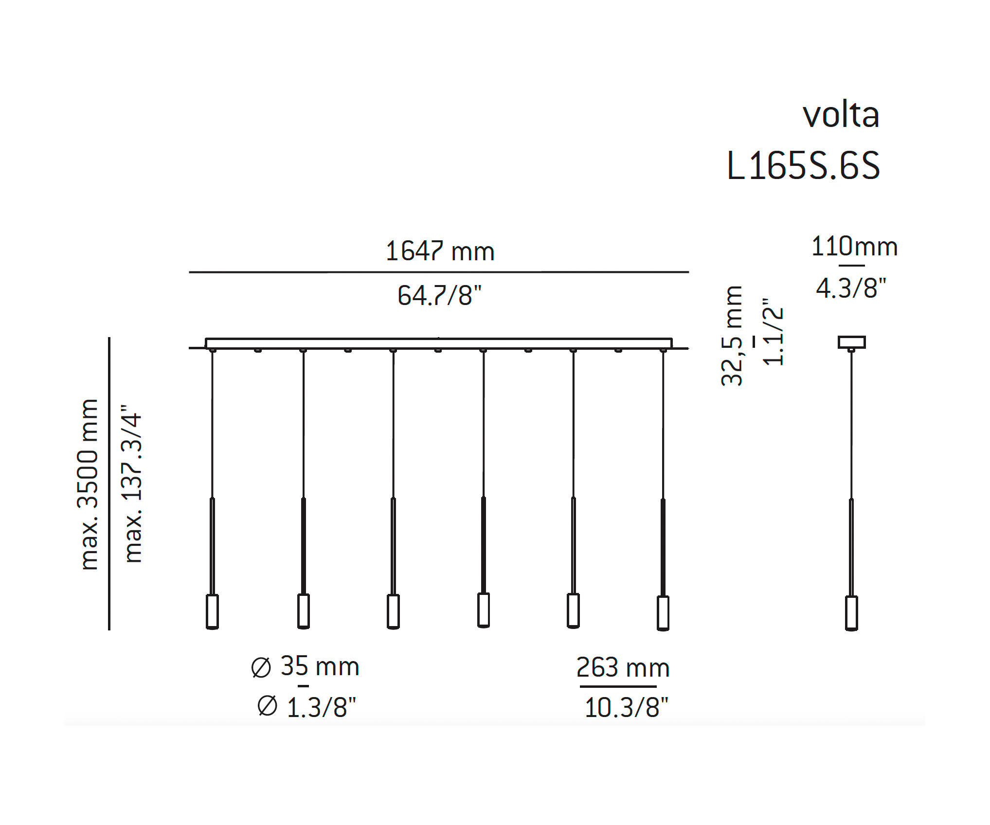 Medidas Volta modelo L165S.6S de suspensión de Estiluz